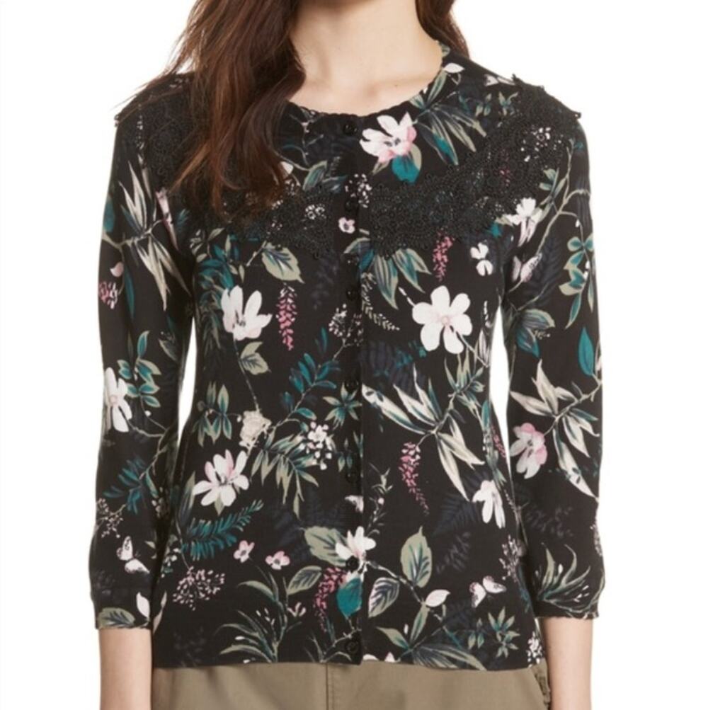 KATE SPADE Botanical Pima Cotton 3/4 Sleeve Lace Accent Knit Cardigan Size S